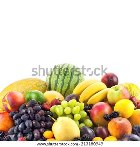 Border of mixed fruits isolated on white with copy space fot text