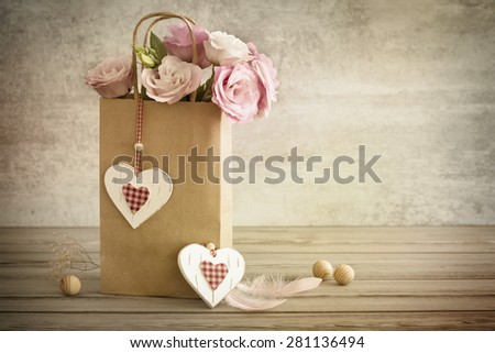 Rises, Hearts and two Feathers - Vintage Romantic still life horizontal background, vintage toned