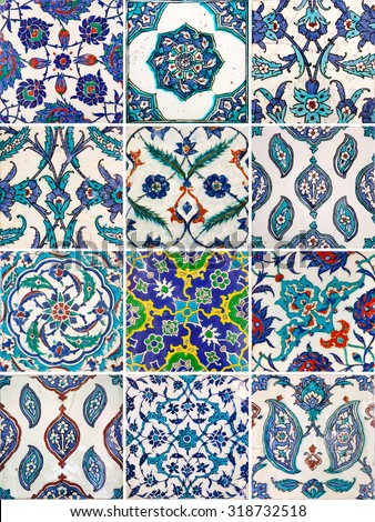 Set of ancient traditional handmade tiles, more than 200 years, collection of Islamic ornaments