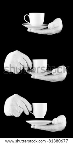 someone wearing white gloves with a cup of coffee /  concept