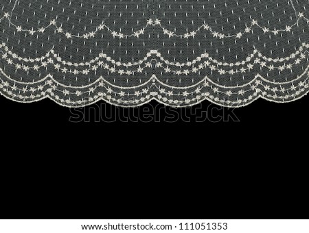 Beautiful vintage floral lace curtain isolated on black background with room for your text