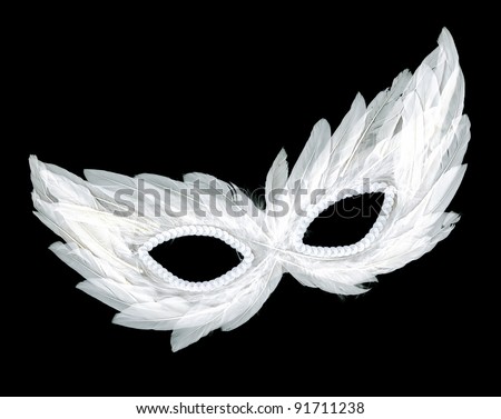 Fancy Vintage Festive White Feathers with Sequin dress mask isolated on black velvet background