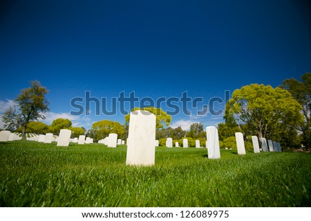 Marble headstones mark the final resting place of American veterans in Los Angeles National Cemetery.