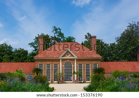 Beautiful red brick design of the garden building at George Washington's Mount Vernon plantation in Virginia.