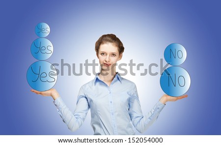 Young woman weighing the pros and cons on blue background