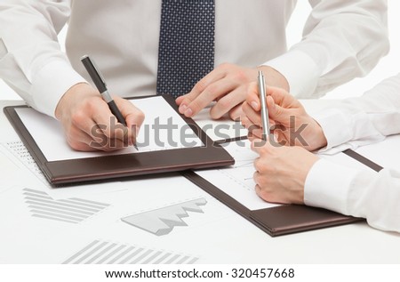 Manager signing a contract, white background