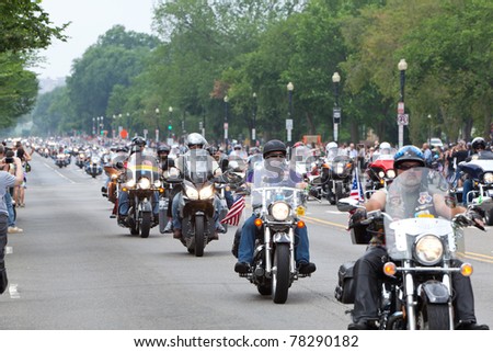 WASHINGTON, DC, USA - MAY 29: Motorcycles travel down Constitution Avenue as part of the annual Rolling Thunder motorcycle ride for American POWs and MIA soldiers on May 29, 2011 in Washington, DC, USA