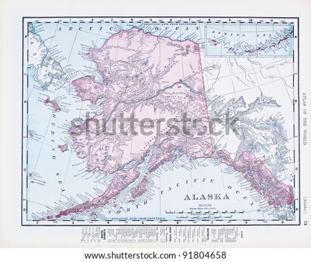 A map of Alaska, USA from Spofford\'s Atlas of the World, printed in the United States in 1900, created by Rand McNally & Co.