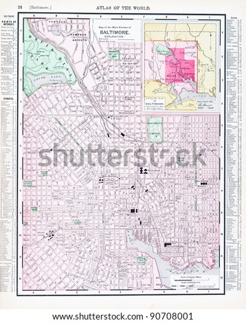 A street map of Baltimore, Maryland, USA from Spofford\'s Atlas of the World, printed in the United States in 1900, created by Rand McNally & Co.