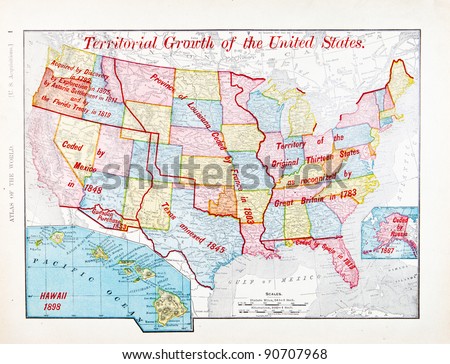 A map of the United States showing the steps in which the US grew over time from Spofford's Atlas of the World, printed in the United States in 1900, created by Rand McNally & Co.
