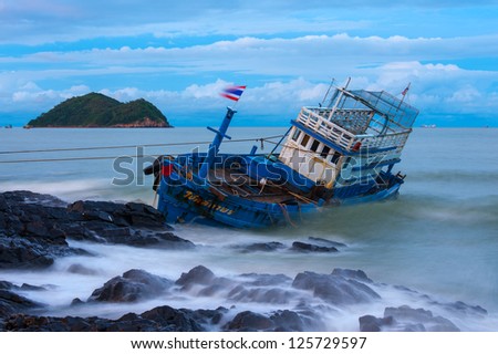The ship ran aground on the beach after the storm, thailand