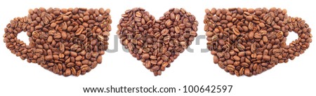 Cup and heart from coffee grains. Sound feeding and active life