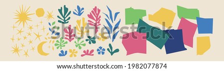 Cutout elements isolated. Trendy Matisse inspired style. Retro, vintage. Contemporary paper cut outs form. Set collection. Vector hand drawn artwork. Blue, pink, red, beige, green, yellow bright color Сток-фото © 