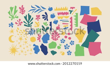 Cutout elements isolated. Trendy Matisse inspired style. Retro, vintage. Contemporary paper cut outs form. Set collection. Vector hand drawn artwork. Blue, pink, red, beige, green, yellow bright color Foto stock © 