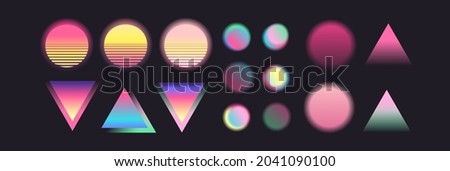 Vapor wave elements. Futurism vector art set. Retrowave, synthwave, rave party collection. Retro, vintage 80s, 90s style. Black, purple, pink, blue, yellow neon colors. Print, wallpaper, web template