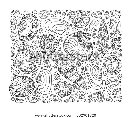 Seashell Pattern Art Background Vector Illustration Zentangle Coloring Book Page For Adult Seamless With Hand Drawn Sea Waves In Sketch Style