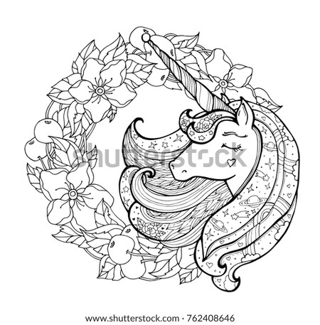 Unicorn And Apple Flower Wreath Magical Animal Vector Artwork Black White
