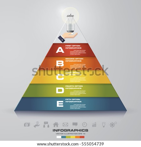 5 steps progression chart in abstract pyramid shape. EPS10. With hand holding light bulb idea sign on top of pyramid.