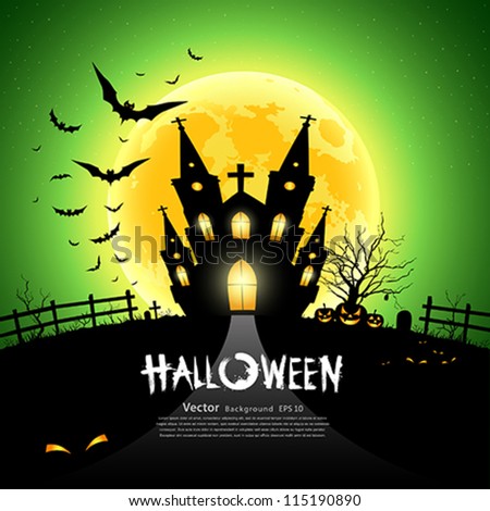 Happy Halloween house scary on green background, vector illustration