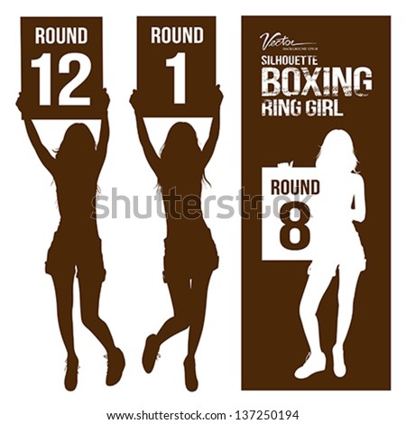 Silhouette boxing ring girl, holding sign, vector illustration