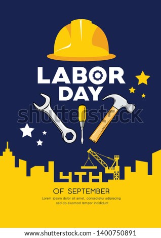 Labor day Engineer cap with wrench, hammer vector and building construction yellow and navy blue background. illustration