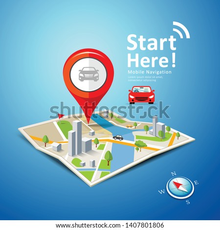 Folded maps car navigation vector with red color point markers design background, illustration