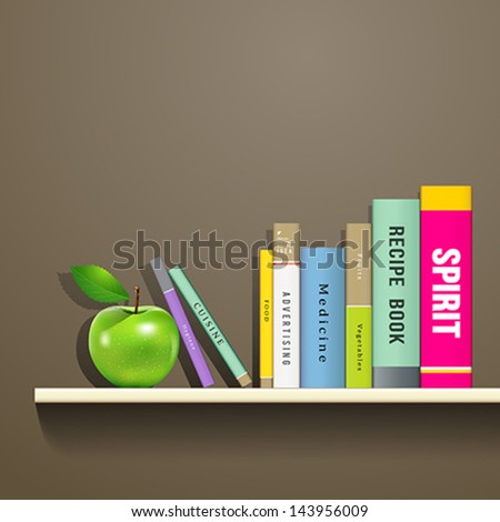 Row of colorful books and green apple on shelf, vector illustration