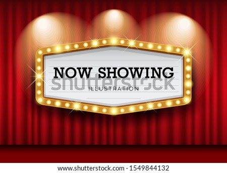 Cinema Theater curtains and sign light up design background, vector illustration
