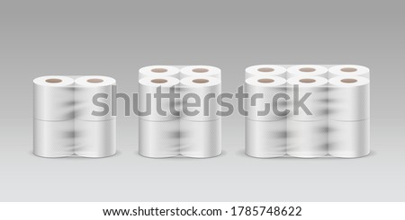 Plastic roll tissue paper three product, four rolls, eight rolls, twelve rolls, collection on gray background template design, vector illustration