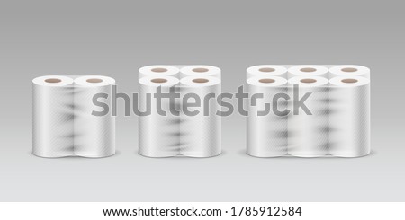 Plastic roll tissue paper long roll three product, two rolls, four rolls, six rolls, collection on gray background template design, vector illustration