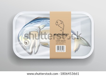Mackerel fish one, in white foam tray wrapped in plastic packaging with brown label, design popular food in thailand on gray background, Eps 10 vector illustration