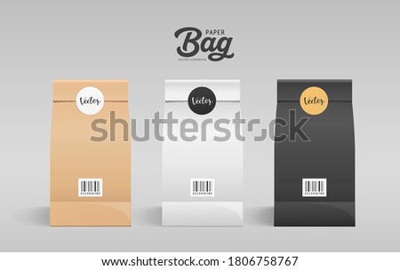 Brown, White, Black paper bag folded front design, mouth bag there are circle stickers template collection, on gray background Eps 10 vector illustration
