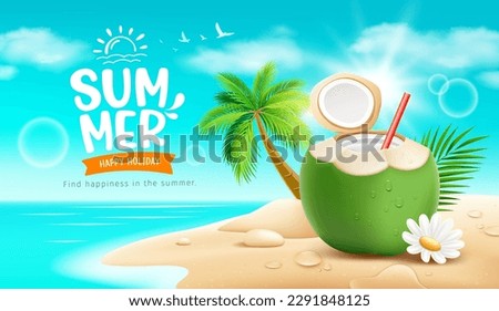 Coconuts fruit fresh and flower summer holiday, coconut tree, pile of sand, on sand beach background, EPS 10 vector illustration

