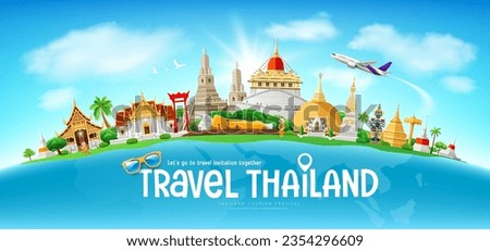 Thailand tourism architecture, on world map, airplane, banner design on cloud and sky blue background, eps 10 vector illustration
