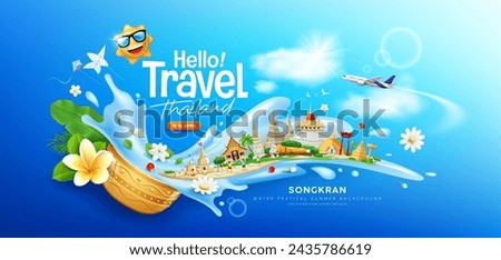 Songkran water festival travel thailand, flowers in a water bowl water splashing, Thailand tourism architecture, banner design on cloud and sky blue background, EPS 10 vector illustration