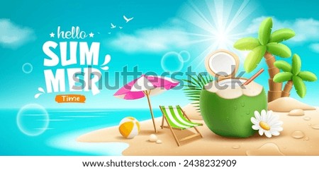 Coconuts fruit fresh and flower, beach umbrella, beach bed, summer holiday, coconut tree, pile of sand, on island beach background, EPS 10 vector illustration
