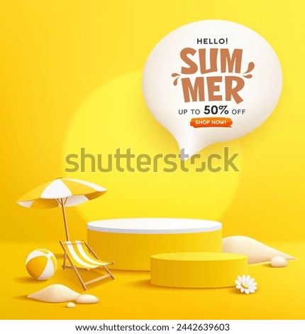 Summer yellow podium sale, beach umbrella and beach reclining chair, pile of sand, poster design on yellow background. EPS 10 Vector illustration