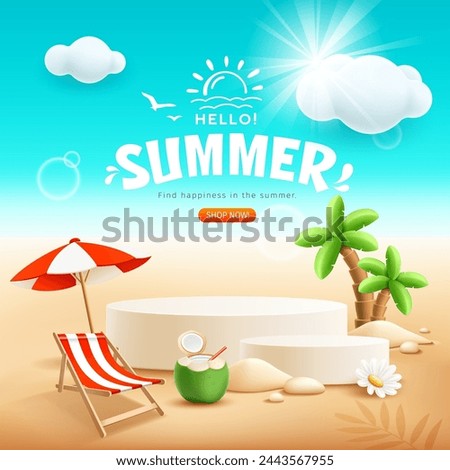 Summer podium display, pile of sand, white flowers, coconut tree, coconut fruit, beach umbrella, beach chair, poster flyer design, on cloud and sun shines, sand beach background, EPS 10 vector illustr