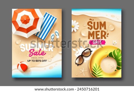 Summer Sale on sand beach poster flyer two holiday design collections background, Eps 10 vector illustration
