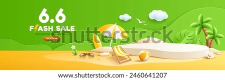 Summer flash sale, podium display, pile of sand, coconut tree, beach umbrella, beach chair, beach ball, sunglasses, banner design, on yellow and green background, EPS 10 vector illustration