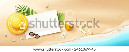 White paper space, summer yellow hat, beach ball, coconut leaf, sunglasses, flip flop, on sand beach background banner design, Eps 10 vector illustration