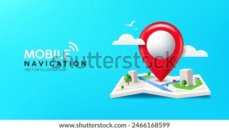 Folded maps mobile navigation, red pin location icon on building city street roads banner design on blue background, eps 10 vector illustration
