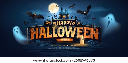 Happy Halloween text design, ghost, bat flying pumpkins, candle, moonnight, banner design on dark blue background, Eps 10 vector illustration