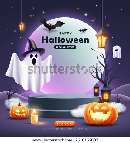 Happy Halloween sale, two overlapping podiums, pumpkin, ghosts, candle, and bat flying, poster flyer design on dark purple background, Eps 10 vector illustration