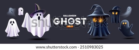 Halloween 3d Ghost Black and white color, colletions banner design on dark blue background, Eps 10 vector illustration