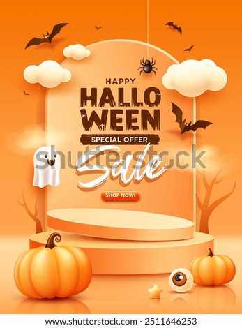 ้Happy Halloween Sale podiums, pumpkins, bat flying, trees, spider web, poster design on orange background, Eps 10 vector illustration