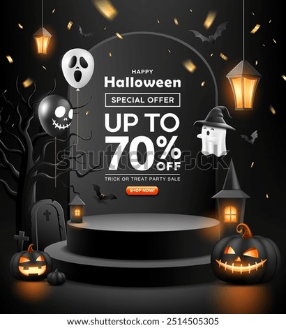 Happy Halloween sale black podiums, pumpkin, balloons, ghost, and bat flying, poster flyer design on black background, Eps 10 vector illustration