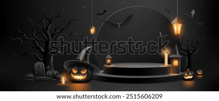 Happy Halloween black podium, Spooky trees and glowing pumpkins and bat flying, Light from lamps and candles, banner design on black background, Eps 10 vector illustration