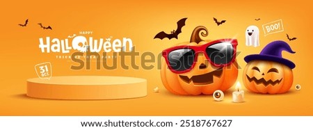 Happy Halloween podium, pumpkins face action, smiling face, bat flying, banner design on yellow background, Eps 10 vector illustration