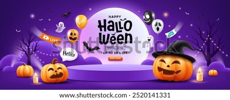 Halloween podium purple color, pumpkin smile, balloons, ghost, candle, and bat flying, banner design on purple background, Eps 10 vector illustration